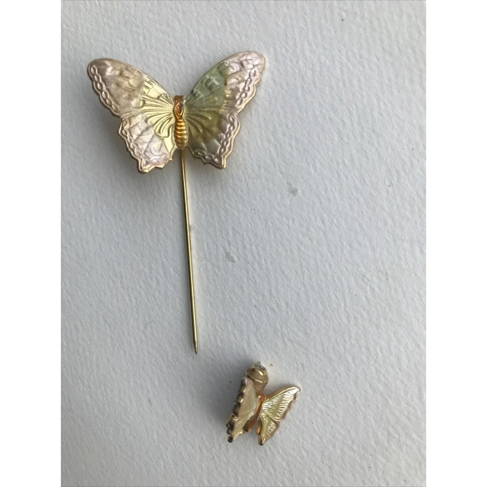 Frosted Pink, Green, Gold Butterfly Vintage Lapel Pin 70s Summer